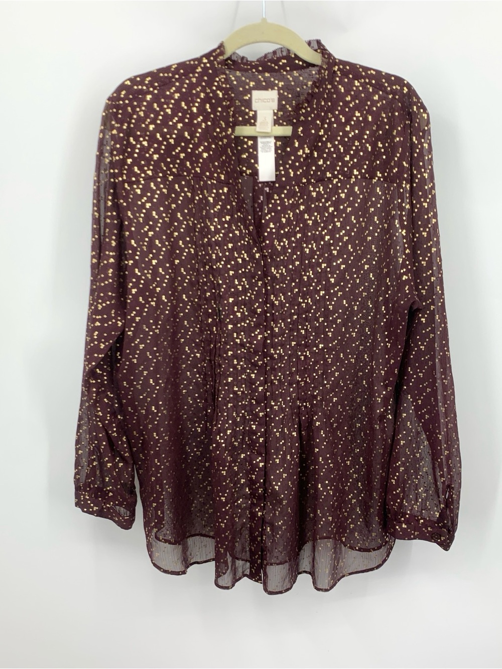 Chicos Women Size 3 XL Shirt Purple Gold Dot Sheer Button Down Top Ruffle Pleat